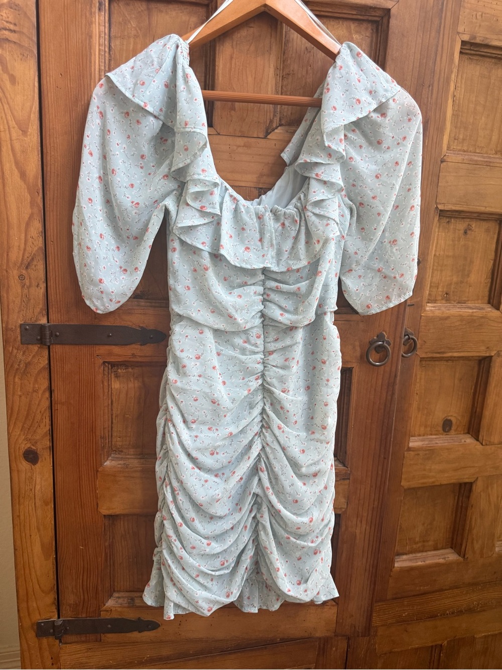 Astr Light Blue Floral Ruffle Ruched Midi Dress - Picture 4 of 4